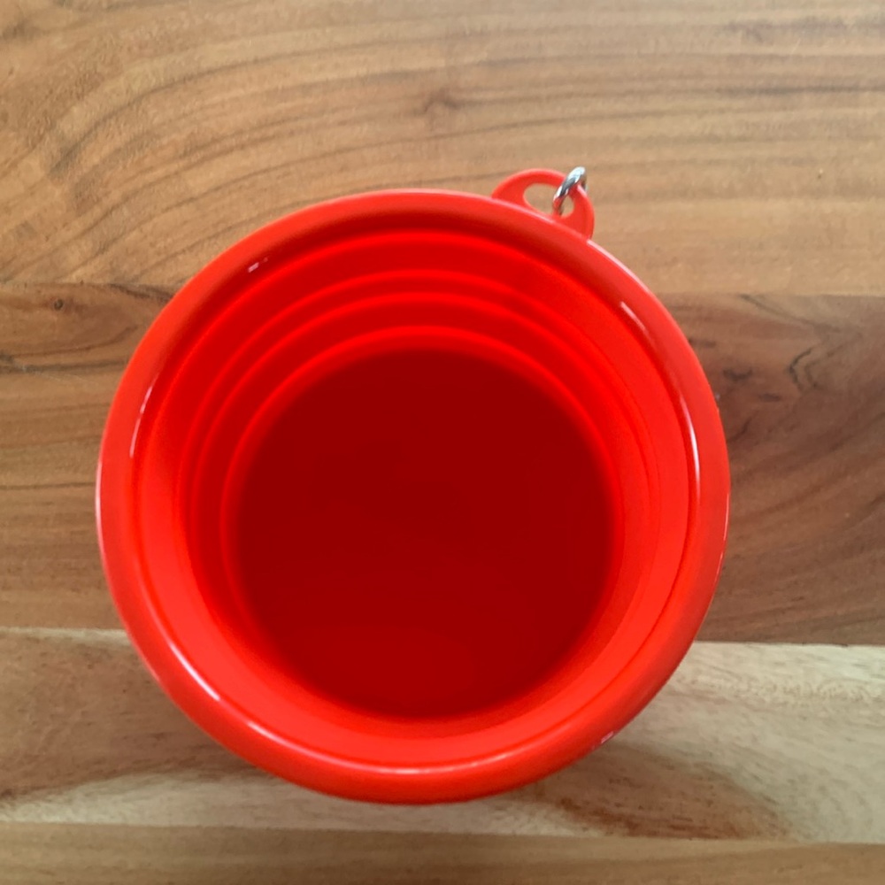 Red collapsible dog bowl with clip